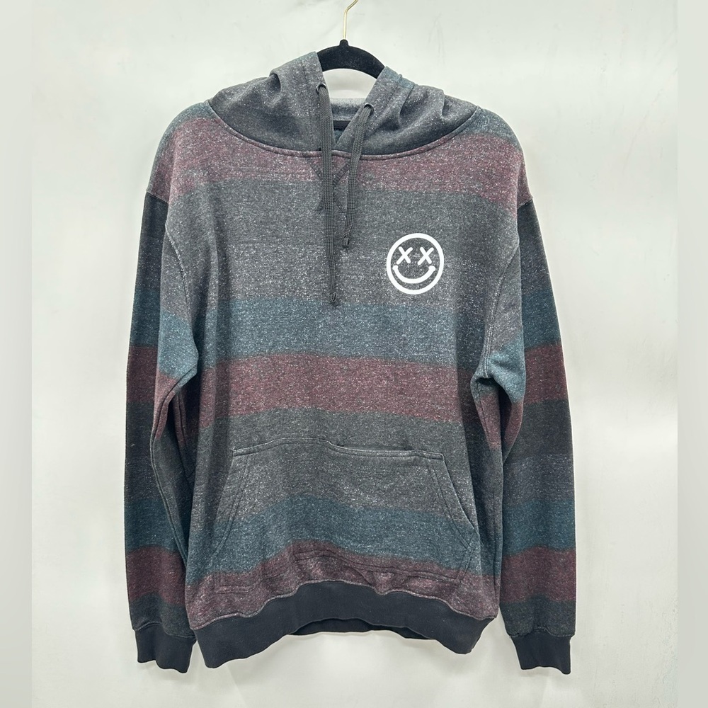 SALTY SAVAGE striped casual woman happy face zip front pocket hood sweatshirt S - Picture 2 of 13